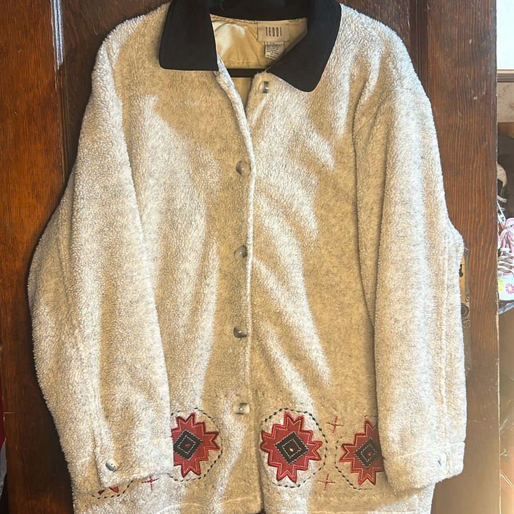 Vintage TEDDI Fleece Jacket Womens Large Beige Southwestern Button Coat Ladies